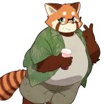  1:1 2020 absurd_res ailurid anthro belly bottomwear clothing eyewear glasses hi_res humanoid_hands kemono male mammal overweight overweight_male red_panda shirt shorts simple_background solo topwear white_background zuppu11 