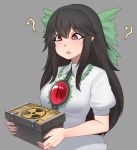  1girl ? bangs black_hair bow box breasts commentary english_commentary eyebrows_visible_through_hair frilled_shirt_collar frills green_bow grey_background hair_between_eyes hair_bow half-life highres holding holding_box long_hair medium_breasts mochi_(chain_csn) open_mouth pointy_ears puffy_short_sleeves puffy_sleeves radiation_symbol red_eyes reiuji_utsuho shirt short_sleeves sidelocks simple_background solo touhou upper_body white_shirt 