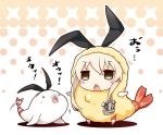  &gt;_&lt; 1girl 1other alternate_costume anchor_hair_ornament black_hairband blonde_hair blush blush_stickers chibi commentary_request eyebrows_visible_through_hair food hair_ornament hairband kantai_collection long_hair open_mouth seal shimakaze_(kantai_collection) shrimp shrimp_tempura simple_background skirt striped striped_legwear tempura thighhighs yume_no_owari 