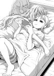  2girls absurdres futaba_anzu highres idolmaster idolmaster_cinderella_girls kazami_hana long_hair lying monochrome moroboshi_kirari multiple_girls on_bed playing_games sleeping stuffed_animal stuffed_toy yuri 