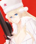  1girl blonde_hair blue_eyes braid breasts dp-28 dp28_(girls_frontline) eyebrows_visible_through_hair fur_collar girls_frontline gloves hair_between_eyes hand_on_weapon hat highres large_breasts long_hair looking_at_viewer papakha red_background solo tuguoji weapon white_gloves 