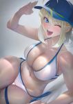  1girl ;d ahoge artoria_pendragon_(all) baseball_cap bikini blonde_hair blue_eyes blue_headwear blush breasts cleavage fate/grand_order fate_(series) hair_between_eyes hair_through_headwear hat highres imizu_(nitro_unknown) large_breasts long_hair looking_at_viewer mysterious_heroine_xx_(foreigner) navel one_eye_closed open_mouth ponytail salute shiny shiny_clothes shiny_skin shrug_(clothing) side-tie_bikini smile solo swimsuit thigh_strap thighs white_bikini 