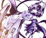  1girl armor bodysuit covered_navel elbow_gloves gloves helmet highres horns ishiyumi kohinata_miku looking_down monochrome open_hand senki_zesshou_symphogear short_hair solo 