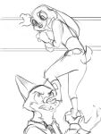  anthro butt canid canine climbing clothed clothing disney duo fox fully_clothed fur iji judy_hopps lagomorph leporid mammal monochrome necktie nick_wilde on_top open_mouth rabbit red_fox shirt sketch topwear zootopia 