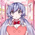  1girl artist_name beyblade beyblade:_burst blue_hair blush chankyone character_name heart korean_comment long_hair looking_at_watch nishiro_nya open_eyes open_mouth purple_eyes shirt short_twintails simple_background to_heart twintails uniform white_shirt 