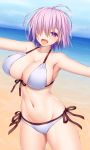  1girl absurdres asamura_hiori bangs bare_shoulders beach blue_sky blush breasts cleavage collarbone commentary_request fate/grand_order fate_(series) hair_over_one_eye highres large_breasts lavender_hair looking_at_viewer mash_kyrielight navel ocean open_mouth purple_eyes revision shore short_hair sky smile thighs 