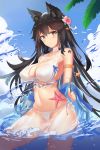 1girl absurdres animal_ears armband atago_(azur_lane) atago_(midsummer_march)_(azur_lane) azur_lane bikini black_hair blue_sky breasts brown_eyes chinese_commentary cloud commentary_request cowboy_shot day extra_ears flower hair_flower hair_ornament highres large_breasts long_hair looking_at_viewer mole mole_under_eye outdoors photoshop_(medium) revision sky solo star_(symbol) starfish swimsuit water white_bikini wjn-rance 