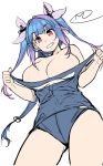  1girl bangs blue_hair blue_swimsuit blunt_bangs breasts commentary_request eyebrows_visible_through_hair gradient_hair grin hair_ribbon happa_(cloverppd) huge_breasts i-19_(kantai_collection) kantai_collection long_hair looking_at_viewer multicolored_hair one-piece_swimsuit pink_hair red_eyes ribbon simple_background sketch smile solo swimsuit swimsuit_pull tri_tails white_background work_in_progress 