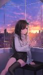  1girl bangs black_hair black_legwear breasts brown_eyes chair hair_ornament hanabasami_kyou long_hair re:act single_thighhigh sitting solo sunset thighhighs usuke_(u_skeeep) virtual_youtuber 