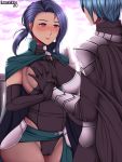  1boy 1girl bare_thighs blue_hair blush bodysuit breast_grab breasts byleth_(fire_emblem) byleth_(fire_emblem)_(male) cape elbow_gloves female fire_emblem fire_emblem:_three_houses fondling_breast gloves grabbing groping groping_breasts guided_breast_grab highres large_breasts long_hair lumarianne20 purple_eyes pussy see-through shamir_nevrand sideboob thick_thighs thighs wide_hips 