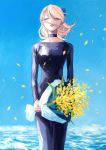  1girl black_choker black_dress blue_bow bouquet bow choker day dress dyuba000 facing_viewer flower hair_between_eyes hair_bow highres holding holding_bouquet long_hair long_sleeves ocean original outdoors standing wind 