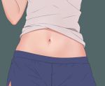  1girl blue_shorts green_background highres hitsukuya midriff navel original shirt shirt_lift short_shorts shorts stomach white_shirt 