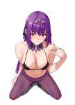  1girl bangs bare_shoulders black_bra blush bra breasts chela77 cleavage collarbone detached_collar fate/grand_order fate_(series) hair_between_eyes highres jewelry kneeling large_breasts long_hair looking_at_viewer navel pantyhose pendant purple_hair purple_legwear red_eyes scathach_(fate)_(all) scathach_skadi_(fate/grand_order) simple_background thighs tiara underwear white_background 