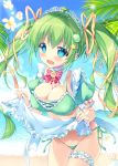  1girl :d apron apron_lift aqua_eyes bangs beach blue_sky bow bra breasts cleavage cloud commentary_request detached_collar detached_sleeves eyebrows_visible_through_hair flower food_themed_hair_ornament frilled_apron frilled_bra frilled_sleeves frills green_bra green_hair green_panties hair_ornament hair_ribbon highres lace_trim large_breasts lifted_by_self long_hair looking_at_viewer maid maid_dress maid_headdress mikeou ocean open_mouth original outdoors palm_tree panties pineapple_hair_ornament red_neckwear ribbon side-tie_panties sky smile standing star_(symbol) star_hair_ornament summer tree twintails underwear 