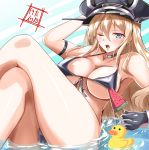  1girl artist_logo bikini bismarck_(kantai_collection) black_bikini black_gloves black_headwear blonde_hair blue_eyes breasts commentary_request food front-tie_top gloves hat highres kantai_collection kentan_(kingtaiki) large_breasts long_hair looking_at_viewer one_eye_closed peaked_cap popsicle rubber_duck solo swimsuit watermelon_bar 