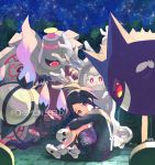  1boy absurdres black_eyes black_hair chandelure closed_mouth collared_shirt commentary copyright_name cursola dusknoir gen_1_pokemon gen_4_pokemon gen_5_pokemon gen_8_pokemon gengar gym_leader highres holding holding_mask huge_filesize long_sleeves looking_back mask mask_removed mole mole_under_mouth nagatsukiariake night onion_(pokemon) pokemon pokemon_(creature) pokemon_(game) pokemon_swsh print_shorts shirt shoes shorts sitting sky star_(sky) suspender_shorts suspenders white_footwear 