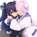  2girls absurdres black_dress black_gloves black_hair buran_buta closed_eyes d-pad d-pad_hair_ornament dress elbow_gloves fingerless_gloves gloves hair_ornament hair_ribbon happy highres hug long_hair looking_at_another multiple_girls nepgear neptune_(series) one_eye_closed open_mouth purple_hair red_eyes ribbon sailor_dress sleeveless smile two_side_up uni_(neptune_series) 