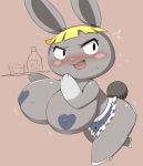  animal_crossing anthro apron big_breasts blonde_hair blush bodily_fluids bonbon_(animal_crossing) bottle breasts clothed clothing female footwear fur glass grey_body grey_fur hair hi_res high_heels huge_breasts lagomorph leporid mammal nintendo nipple_tape obikuragetyan pasties rabbit shoes solo sweat tape video_games 