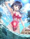  1girl :d arm_up armpits ass_visible_through_thighs bare_legs black_hair blue_eyes blue_sky breasts cleavage cloud cloudy_sky commentary cowboy_shot english_text eyebrows_visible_through_hair floral_print groin hair_between_eyes highres higurashi_kagome inuyasha long_hair looking_at_viewer medium_breasts motobi_(mtb_umk) one-piece_swimsuit open_mouth outdoors pink_swimsuit rock sky smile solo sparkle sun sunlight swimsuit thigh_gap thighs tree twitter_username wading water water_drop wet 