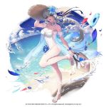  1girl arm_tattoo bag beach breasts clair_lasbard cleavage cloud cloudy_sky company_name cross-laced_footwear flower hat large_breasts leg_tattoo long_hair looking_at_viewer ocean official_art one-piece_swimsuit petals sandals silver_hair sky smile star_ocean star_ocean_anamnesis star_ocean_till_the_end_of_time summer sun_hat swimsuit tattoo water 