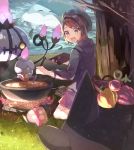  1girl :d bangs berry_(pokemon) blush brown_eyes brown_hair cardigan chandelure commentary_request cooking curry dress fire food gen_1_pokemon gen_5_pokemon gengar grass green_headwear grey_cardigan highres holding holding_ladle jellicent jellicent_(male) ladle leaf litwick looking_at_viewer nagatsukiariake open_mouth pink_dress pokemon pokemon_(creature) pokemon_(game) pokemon_swsh short_hair smile tam_o&#039;_shanter tree water yuuri_(pokemon) 