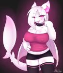  2020 anthro big_breasts bk_(blueshark) blueshark blush bottomwear breasts clothing female fish hair hand_on_hip hi_res horn legwear long_hair looking_at_viewer marine nipple_outline open_mouth red_eyes shark simple_background skirt smile solo stockings white_body white_hair 