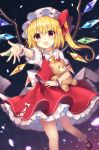  1girl ankle_socks arms_up black_background blonde_hair checkered checkered_background commentary_request contrapposto cravat eyebrows_visible_through_hair fang flandre_scarlet gradient gradient_background hair_between_eyes hat hat_ribbon highres holding holding_stuffed_animal leg_lift light_particles looking_at_viewer mary_janes mob_cap one_side_up open_mouth outstretched_hand petals petticoat puffy_short_sleeves puffy_sleeves purple_background reaching_out red_eyes red_footwear red_skirt red_vest ribbon ruhika shirt shoes short_hair short_sleeves skirt solo standing standing_on_one_leg stuffed_animal stuffed_toy teddy_bear touhou vest white_headwear white_legwear white_shirt wings yellow_neckwear 