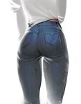  1girl ass blue_pants denim from_behind jeans long_sleeves original pants quuni shirt simple_background sketch solo standing white_background white_shirt 