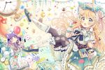  2girls alice_(wonderland) animal animal_ears aqua_eyes bird blonde_hair bloomers blush book bow bunny catgirl chibi drink fang food fruit gloves headband kneehighs lolita_fashion original pantyhose purple_eyes purple_hair sakura_oriko strawberry tail umbrella 