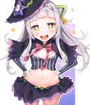  blush capelet crop_top hat highres hololive lavender_hair looking_at_viewer mogmog murasaki_shion navel open_mouth saliva simple_background sparkle sparkling_eyes virtual_youtuber white_background witch_hat yellow_eyes 