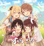  4girls :d :o ;d absurdres ball bangs black_ribbon blonde_hair blue_sky blush bow brown_eyes brown_hair brown_skirt cloud cloudy_sky collared_shirt commentary_request day eyebrows_visible_through_hair fang fingernails glasses golf_ball golf_club hair_between_eyes hair_ribbon hands_up highres holding holding_ball huge_filesize long_hair low_twintails multiple_girls one_eye_closed open_mouth original outdoors outstretched_arm petals pleated_skirt rainbow red_bow revision ribbon sakura_oriko semi-rimless_eyewear shirt short_hair short_sleeves skirt sky smile sweat sweater_vest swing!! twintails two_side_up under-rim_eyewear v v-shaped_eyebrows very_long_hair white_shirt 