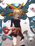  1girl absurdres alternate_color bangs blonde_hair blue_eyes breasts card clothes_around_waist collared_shirt commentary_request crossover eyebrows_visible_through_hair gen_1_pokemon gen_3_pokemon gen_4_pokemon hair_ornament hair_scrunchie hayasaka_ai highres holding holding_poke_ball kaguya-sama_wa_kokurasetai_~tensai-tachi_no_renai_zunousen~ long_hair long_sleeves magnemite mega_metagross mega_pokemon metagross playing_card poke_ball poke_ball_(basic) pokemon pokemon_(creature) porygon-z scrunchie shiny shiny_hair shiny_pokemon shirt side_ponytail sidelocks white_shirt yofo32858840 