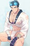  1boy abs bara blue_eyes blue_fire blue_hair bulge chest closed_mouth columns_ke fire fundoshi highres japanese_clothes looking_at_viewer male_focus muscle nipples pectorals revealing_clothes scar simple_background solo thick_eyebrows toji_(tokyo_houkago_summoners) tokyo_houkago_summoners upper_body 