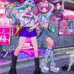  2girls ace_akira bag blue_eyes blue_hair blue_skirt cropped_hoodie fingerless_gloves gloves handbag locked_arms looking_down multiple_girls original pink_eyes pink_hair pixel_art shirt_tucked_in short_shorts shorts skirt storefront white_gloves 