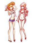  2girls bikini bikini_top blonde_hair blue_shorts bow cagalli_yula_athha collarbone eyebrows_visible_through_hair full_body grin groin gundam gundam_seed hair_ornament hat hat_bow jacket lacus_clyne long_hair looking_at_viewer morihaw multiple_girls navel off_shoulder open_clothes open_jacket pink_hair purple_eyes shiny shiny_hair shirt short_hair short_shorts short_sleeves shorts simple_background sketch smile standing straw_hat striped striped_bikini sun_hat swimsuit tied_shirt very_long_hair white_background white_bikini white_bow white_jacket white_shirt 