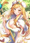  1girl absurdres blonde_hair blush breasts character_request cleavage commentary_request copyright_request hand_up highres holding holding_staff large_breasts long_hair nenobi_(nenorium) open_mouth solo staff upper_body very_long_hair white_headwear yellow_eyes 