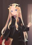  1girl abigail_williams_(fate/grand_order) bangs black_bow black_coat blonde_hair blue_eyes book bow breasts coat fate/grand_order fate_(series) forehead hair_bow highres long_hair multiple_bows necktie orange_bow parted_bangs small_breasts wand zenshin 