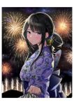  1girl aerial_fireworks bangs black_hair blue_eyes blue_kimono blush border earrings festival fireworks folded_hair hair_ornament highres japanese_clothes jewelry kimono kimono_tug looking_at_viewer melonbooks mole mole_under_eye night night_sky obi original pov sash sidelocks sky white_border xretakex yukata 