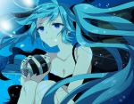  1girl air_bubble aqua_hair bangs blue_eyes blurry blurry_background breasts bubble camisole cleavage collarbone facing_viewer fish hatsune_miku long_hair marirero_a medium_breasts sitting smile solo twintails underwear very_long_hair vocaloid 