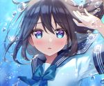  aqua_eyes black_hair blush bow bubbles close cropped long_hair original school_uniform sumisaki_yuzuna underwater waifu2x water 