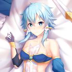 1girl asymmetrical_sleeves bangs bed_sheet blue_bra blue_eyes blue_hair blue_sleeves bra breasts chao_wu_xing_xian closed_mouth collarbone dakimakura detached_sleeves from_above gloves hair_between_eyes hair_tubes lying medium_breasts on_back shiny shiny_hair short_hair_with_long_locks sidelocks sinon_(solus) smile solo strapless strapless_bra sword_art_online underwear upper_body 