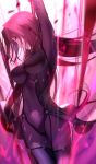  1girl absurdres arm_up armor aura bangs bodysuit breasts covered_navel fate/grand_order fate_(series) gae_bolg gradient gradient_background highres large_breasts long_hair looking_at_viewer pauldrons polearm purple_bodysuit purple_hair red_eyes scathach_(fate)_(all) scathach_(fate/grand_order) shinooji shoulder_armor spear thighs weapon 