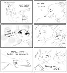  2018 absurd_res anthro arzmx blush canid canine cellphone clothed clothing comic dialogue disney duo edit english_text eyes_closed fox fully_clothed fur hard_translated hi_res holding_cellphone holding_object holding_phone judy_hopps lagomorph leporid mammal monochrome nick_wilde open_mouth open_smile phone police_uniform rabbit red_fox smile text translated uniform zootopia 