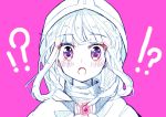  !? 1girl :o bangs blunt_bangs blush christy cloak close-up dot_nose eyebrows_visible_through_hair eyes_visible_through_hair face floating_hair hood hood_up hooded_cloak looking_at_viewer magia_record:_mahou_shoujo_madoka_magica_gaiden mahou_shoujo_madoka_magica open_mouth pink_background pink_eyes pink_theme sidelocks simple_background solo soul_gem spot_color surprised tamaki_iroha tareme turtleneck upper_body wide-eyed 
