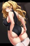 1girl absurdres ahoge ass ass_support bandaid bandaid_on_face bangs bare_arms bare_shoulders black_leotard blonde_hair blurry blurry_background blush breasts brown_eyes cameltoe closed_mouth commentary_request depth_of_field dutch_angle eyebrows_visible_through_hair from_behind granblue_fantasy highres kusahagane large_breasts leotard looking_at_viewer looking_back monika_weisswind sideboob skindentation solo thighhighs twintails v-shaped_eyebrows white_legwear 