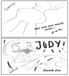  2018 absurd_res anthro arzmx blush bodily_fluids canid canine comic dialogue disney duo edit english_text eyes_closed fox fur hard_translated hi_res judy_hopps lagomorph leporid mammal monochrome nick_wilde open_mouth rabbit red_fox sweat sweatdrop text translated zootopia 