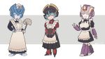  3girls ^_^ absurdres apron autobot blue_eyes chibi chromia closed_eyes cosplay highres holding holding_duster holding_tray jijing5658 maid maid_apron maid_dress multiple_girls nautica no_humans open_hands smile transformers tray windblade 