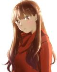  1girl blush brown_eyes brown_hair character_request imai_asami long_hair looking_at_viewer morihaw parted_lips red_sweater ribbed_sweater shiny shiny_hair simple_background solo sweater upper_body white_background 