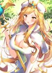  1girl absurdres belrain_(idle_heroes) blonde_hair blush breasts cleavage commentary_request hand_up highres holding holding_staff idle_heroes large_breasts long_hair nenobi_(nenorium) open_mouth revision solo staff upper_body very_long_hair white_headwear yellow_eyes 