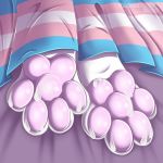  1:1 2020 4_toes ambiguous_gender anthro bed_sheet bedding bodily_fluids cum cum_on_feet feet foot_fetish foot_focus fur genital_fluids lgbt_pride pawpads paws pink_pawpads pride_colors soles solo toes toffeepaws transgender_pride_colors white_body white_fur 